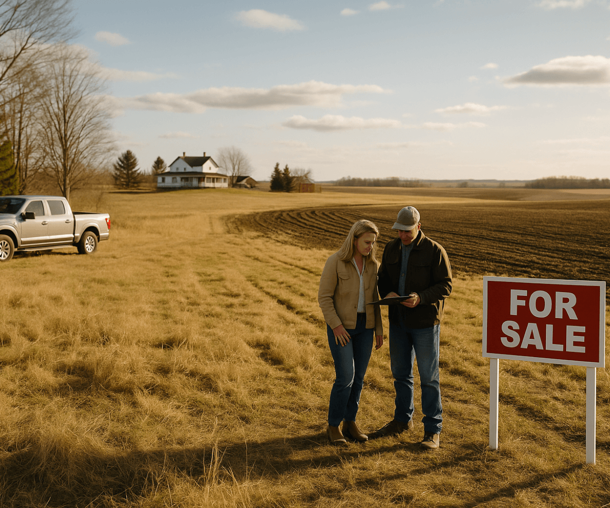 Two individuals reviewing a clipboard beside a For Sale sign on rural land in Alberta, with plowed fields, a pickup truck, and farmhouse in the distance.