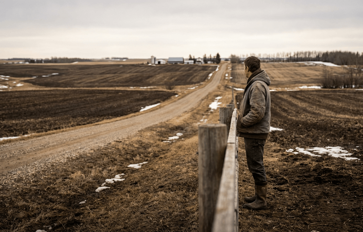 A person in work jacket stands by a fence overlooking rolling Alberta farmland in early spring, with cultivated fields, a gravel road, and distant farm buildings under an overcast sky