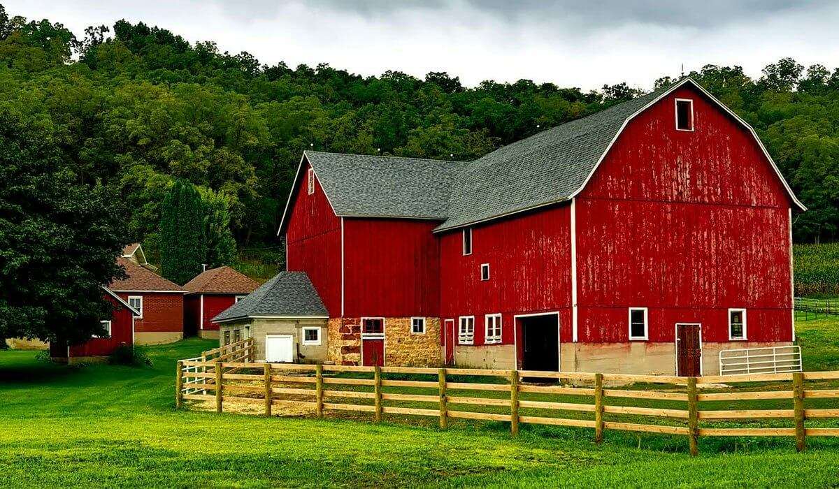 A classic red barn stands in a field of lush green grass.