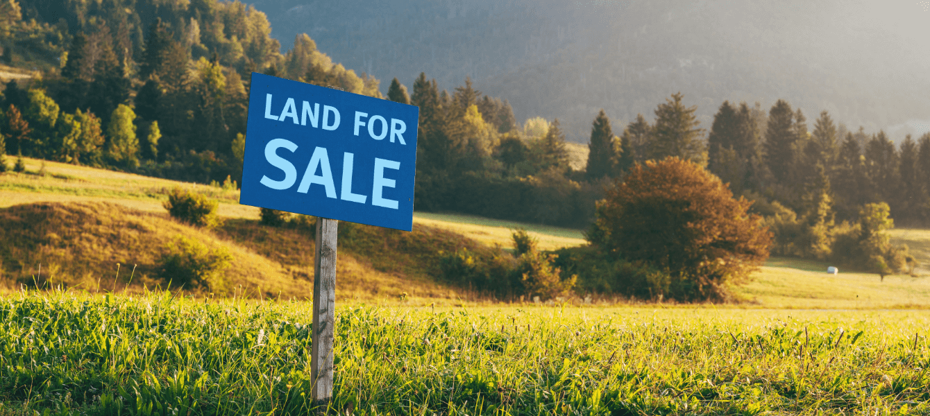 A blue 'Land for Sale' sign stands in a lush green meadow, surrounded by rolling hills and trees under soft morning light, with mountains in the background.