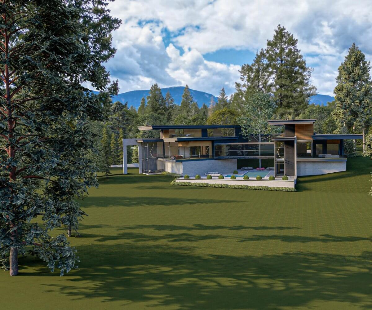 Modern home render in wooded mountain lot