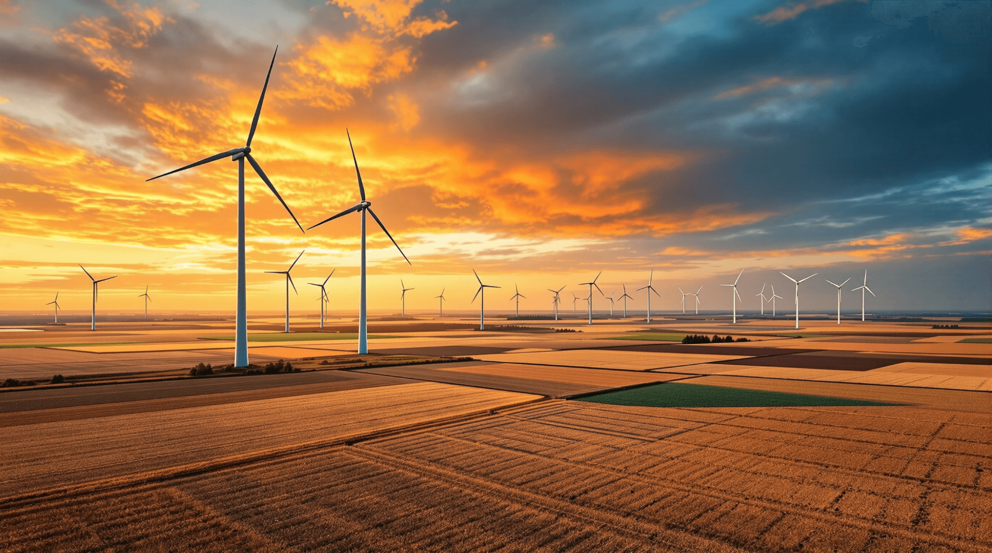 Wind turbines across rural Alberta farmland during sunset, highlighting rural development and land investment potential